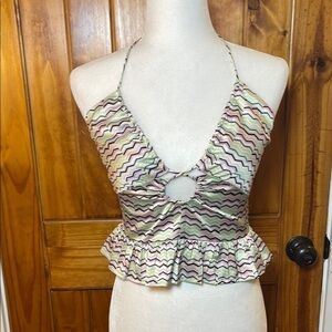 Elodie Halter Top Small Y2K Spaghetti Strap Cut out Ruffle hem Pastel Stripes